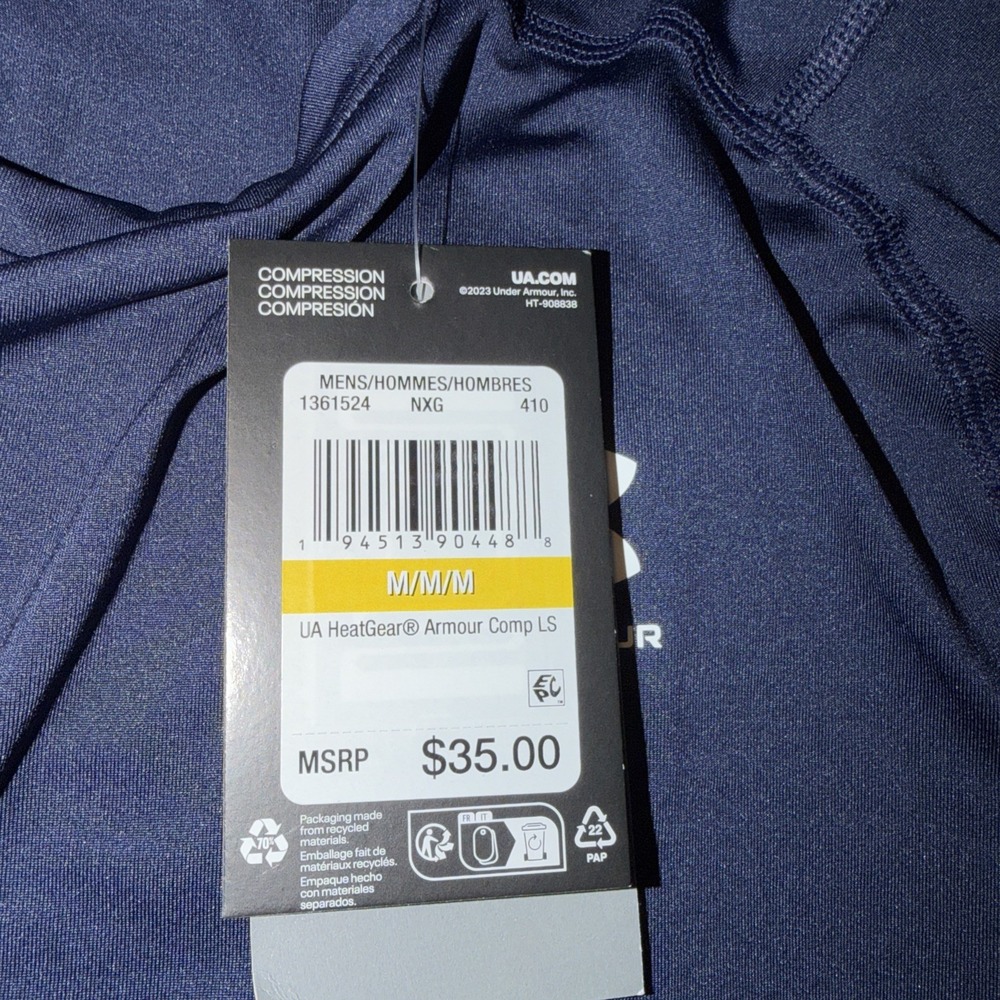 UA Men's Heat Gear Compression Long Sleeve Navy Blue Shirt Sz Medium - Picture 4 of 4